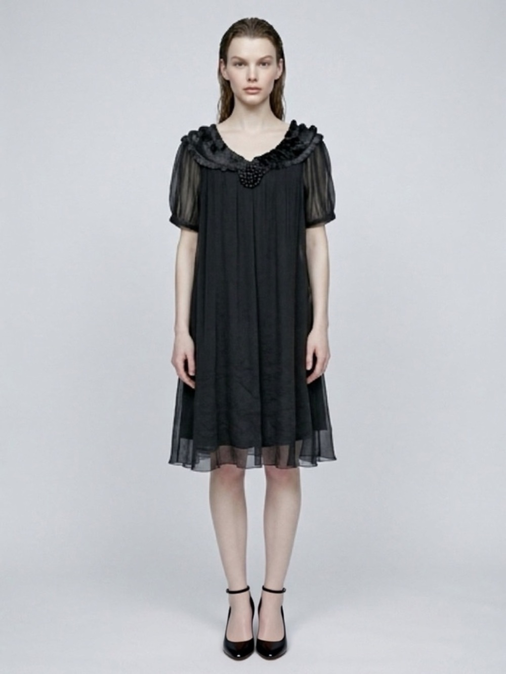 Chloè VTG Silk Chiffon swing dress, silk petal/rosette accents, short sleeve, S